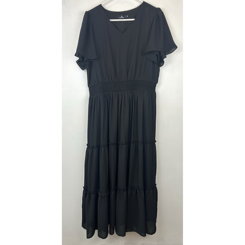 Black Maxi Dress Womens XL Tiered Smocked Short Sleeve Lined V Flowy Feminine